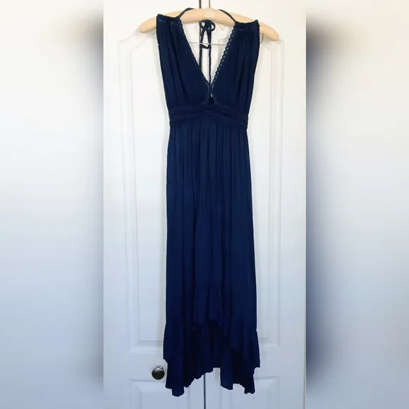 Elegant Navy Blue Plunging Neckline Boho Maxi Dress - Picture 2 of 16
